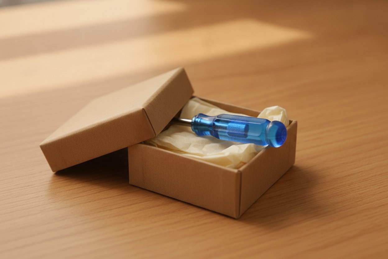 A small kraft gift box, lid ajar, with the screwdriver nestled in tissue