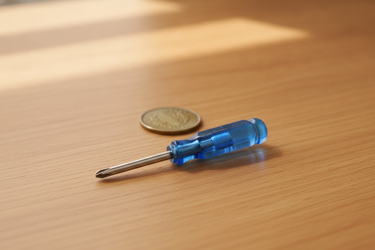 The Pocket Hero, a small translucent-blue classic screwdriver on an oak workbench