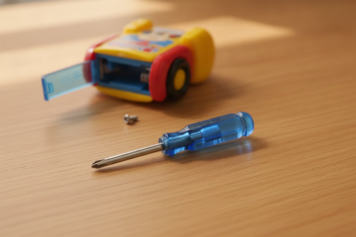 A small screwdriver beside a child's toy with an open battery compartment
