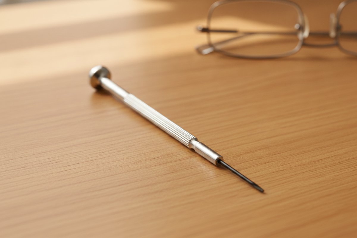 The Tiny Genius precision eyeglass screwdriver on oak